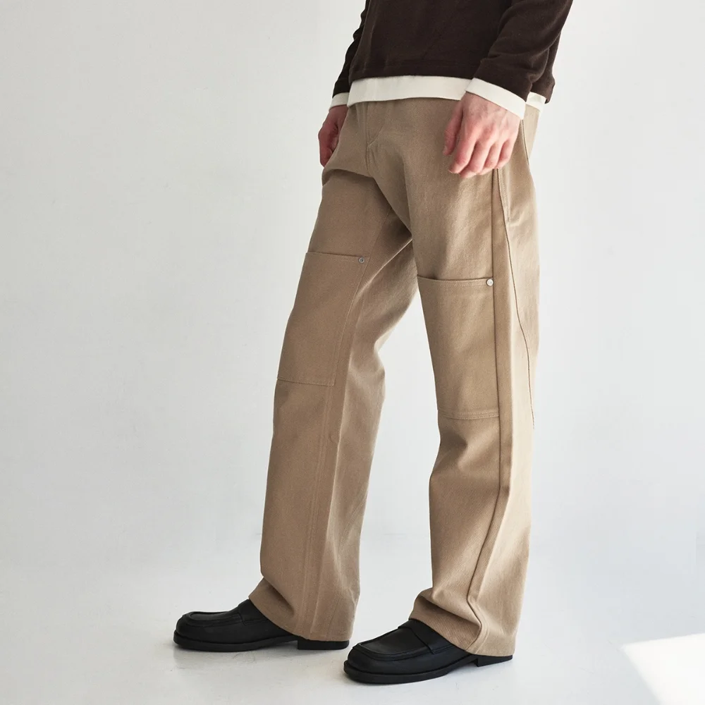 Curved Double Knee Cotton Pants_Beige