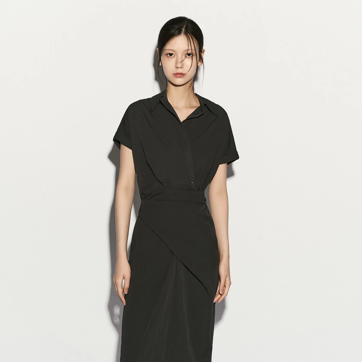 DRAPED MIDI SHIRT DRESS CHARCOAL