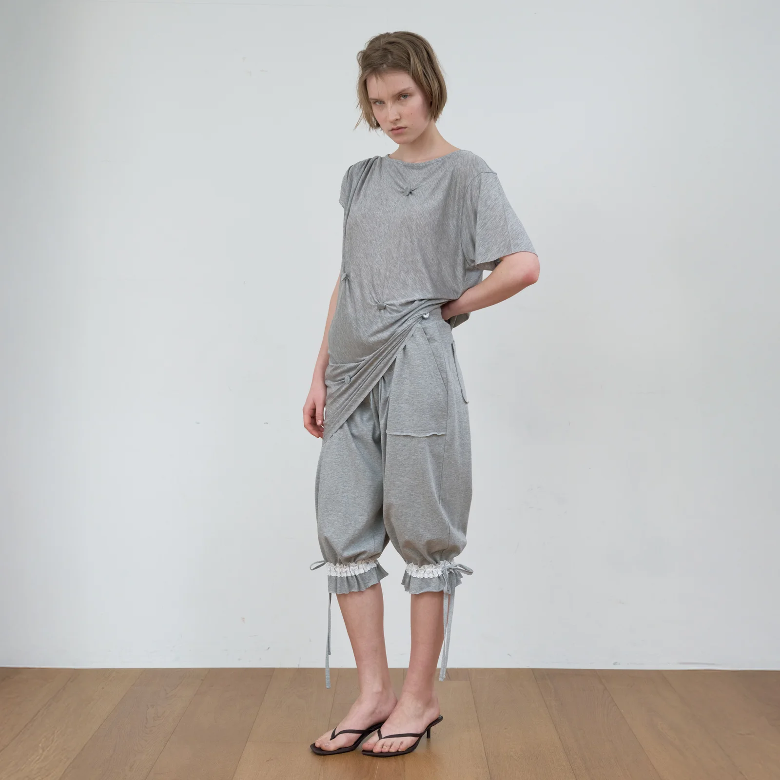 LACE TIE SWEAT PANTS_MELANGE