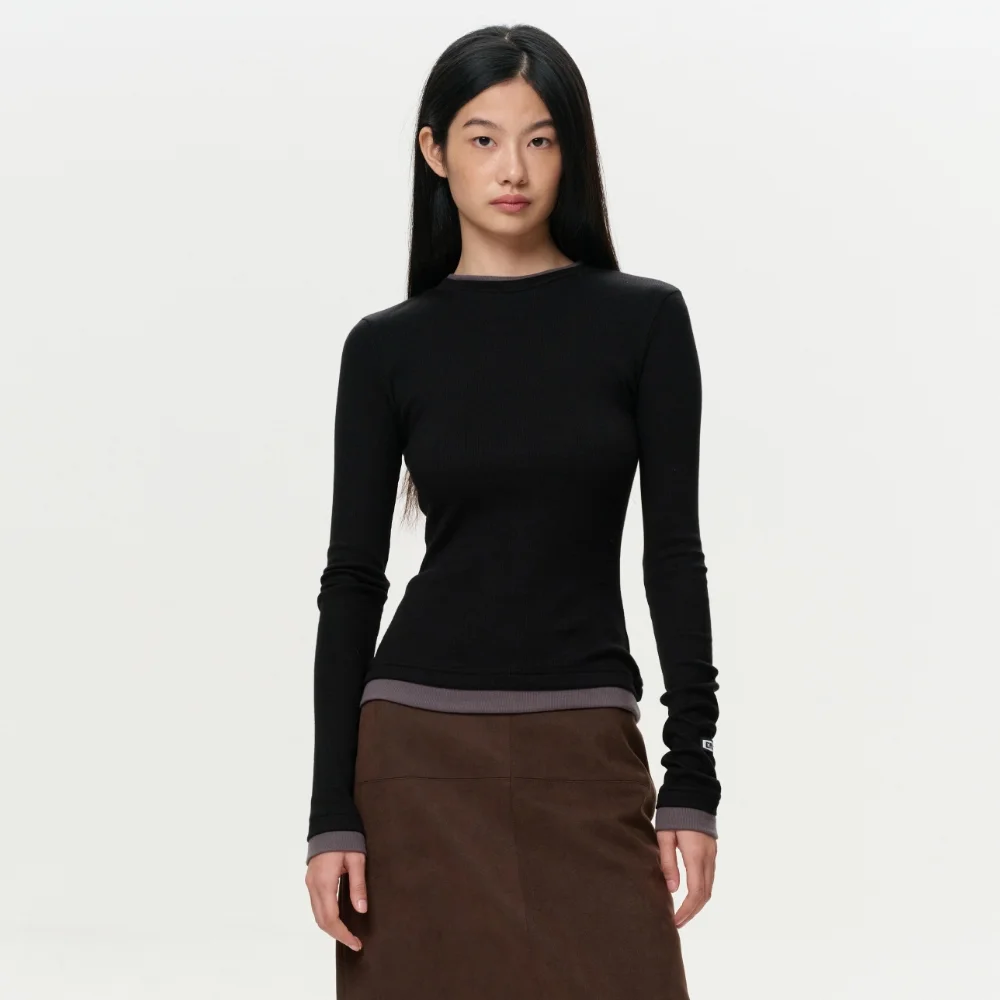 WOMEN COLOR LAYERED SLIM RIB T - SMOKY BLACK