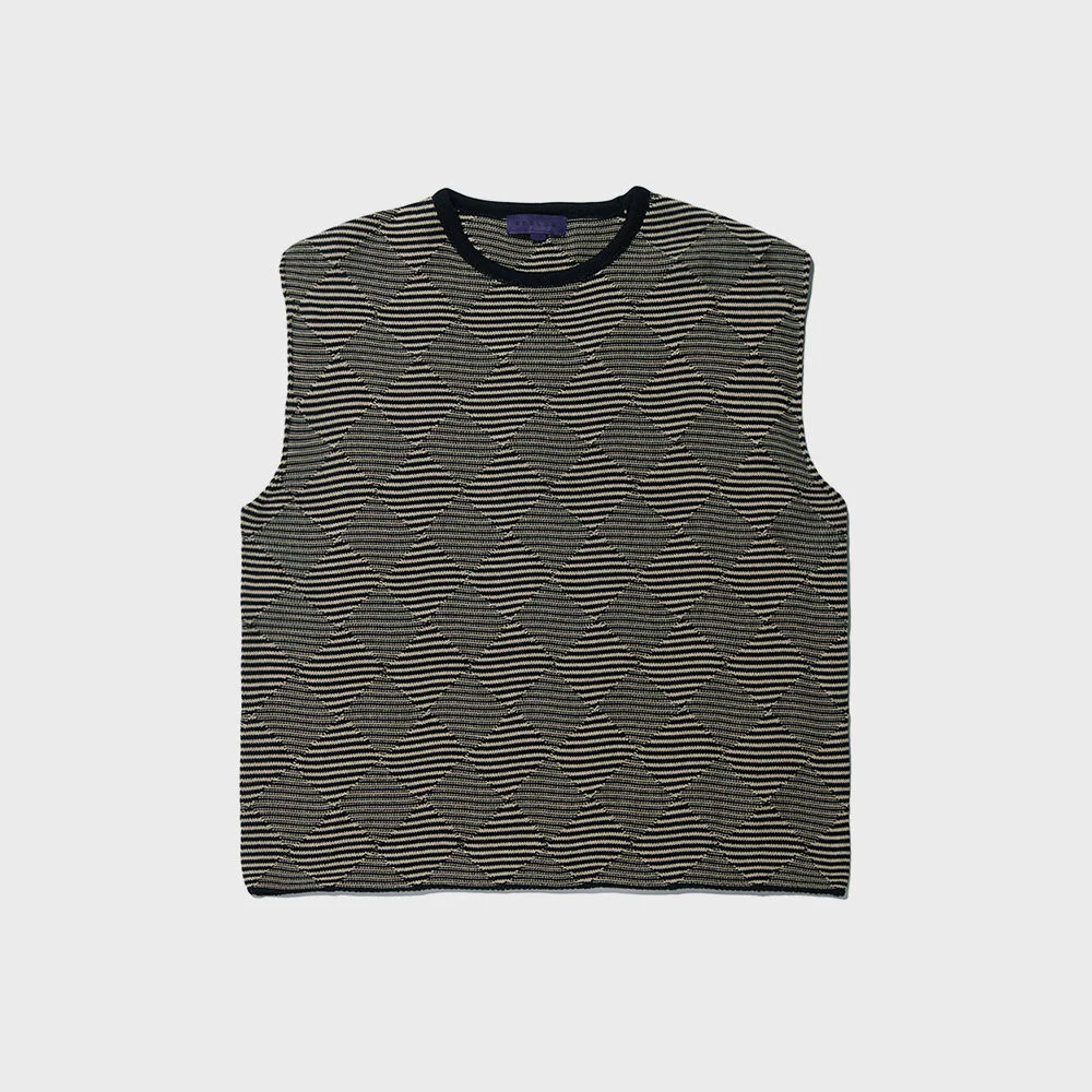 CHECKER BOARD KNIT VEST BLACK BEIGE