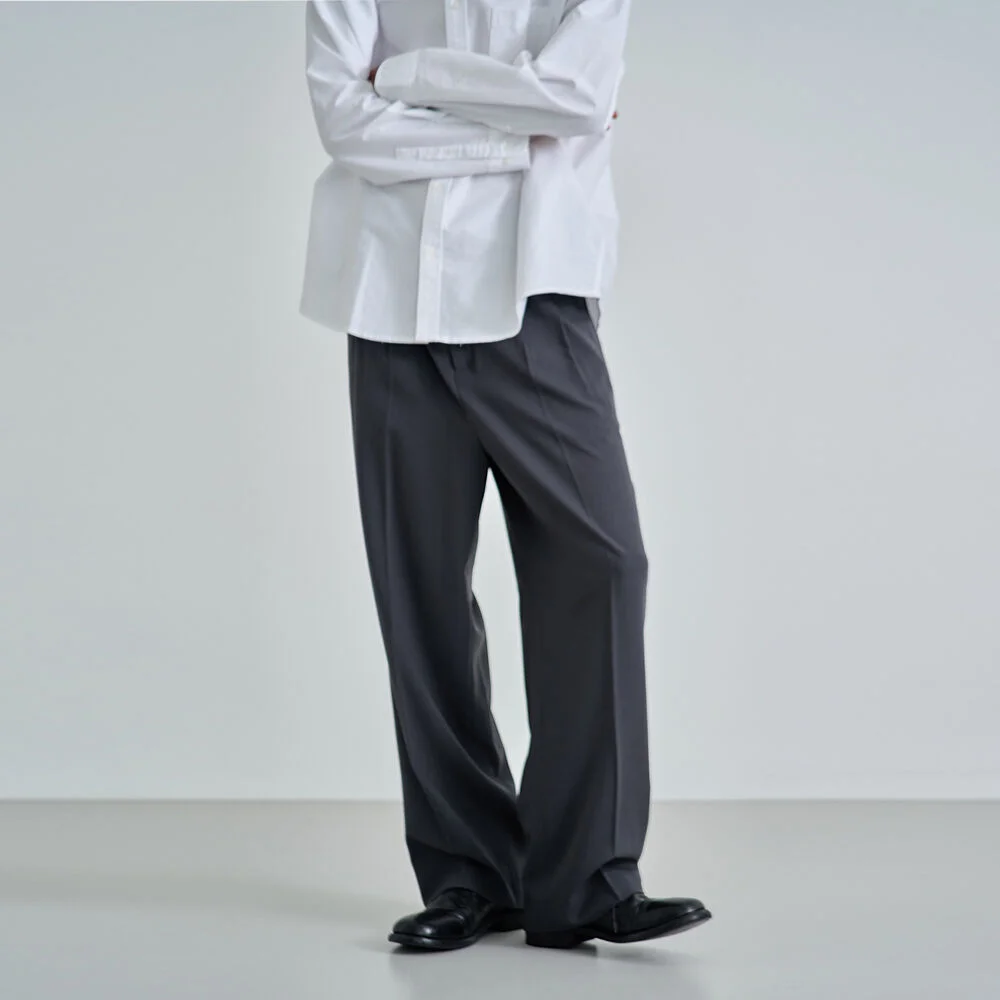 WOOL BLEND STRAIGHT WIDE TWO TUCK SLACKS