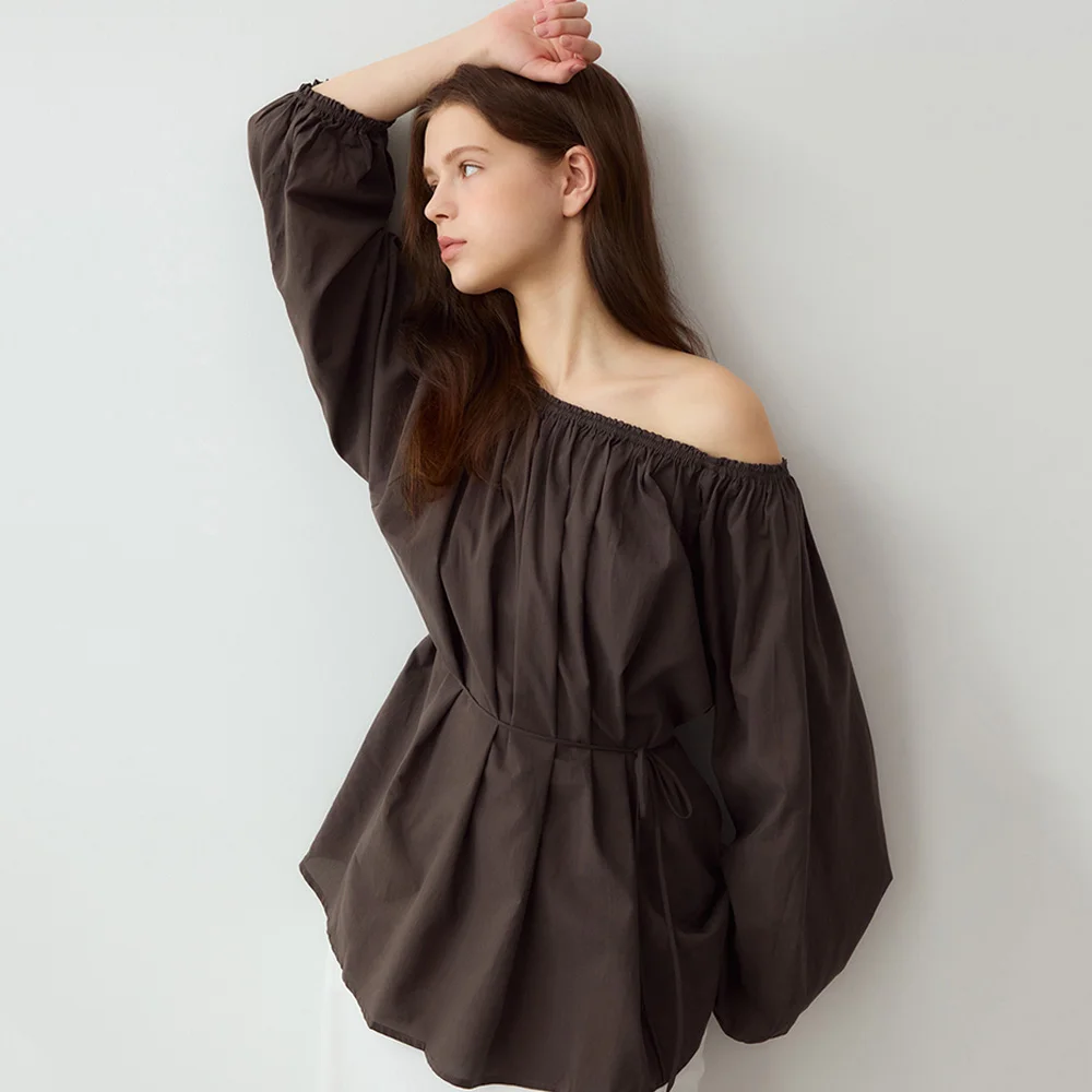 Two way off shoulder shirring blouse - brown