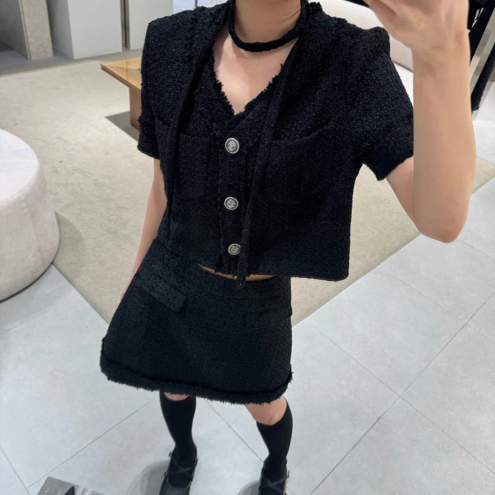 Fringed Tweed Skirt - Black