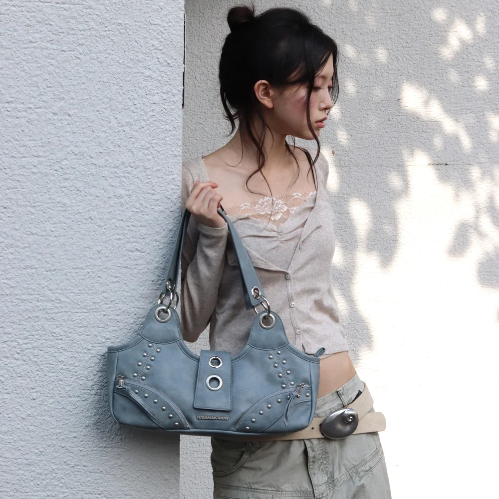 Studded Ring Vintage Shoulder Bag (Sky Blue)