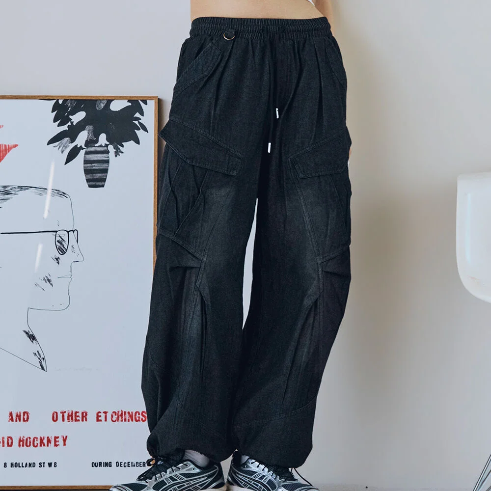 水洗 氣球 工裝 牛仔 褲子 黑色