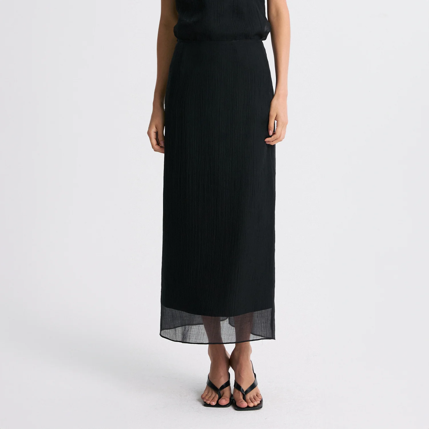 SHEER LAYERED SLIT-BACK MIDI SKIRT BLACK