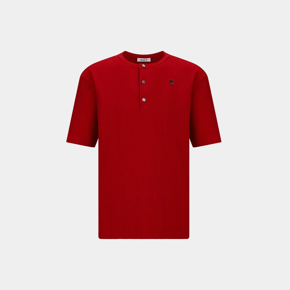 COTTON RIBBED HENLEY NECK - RED