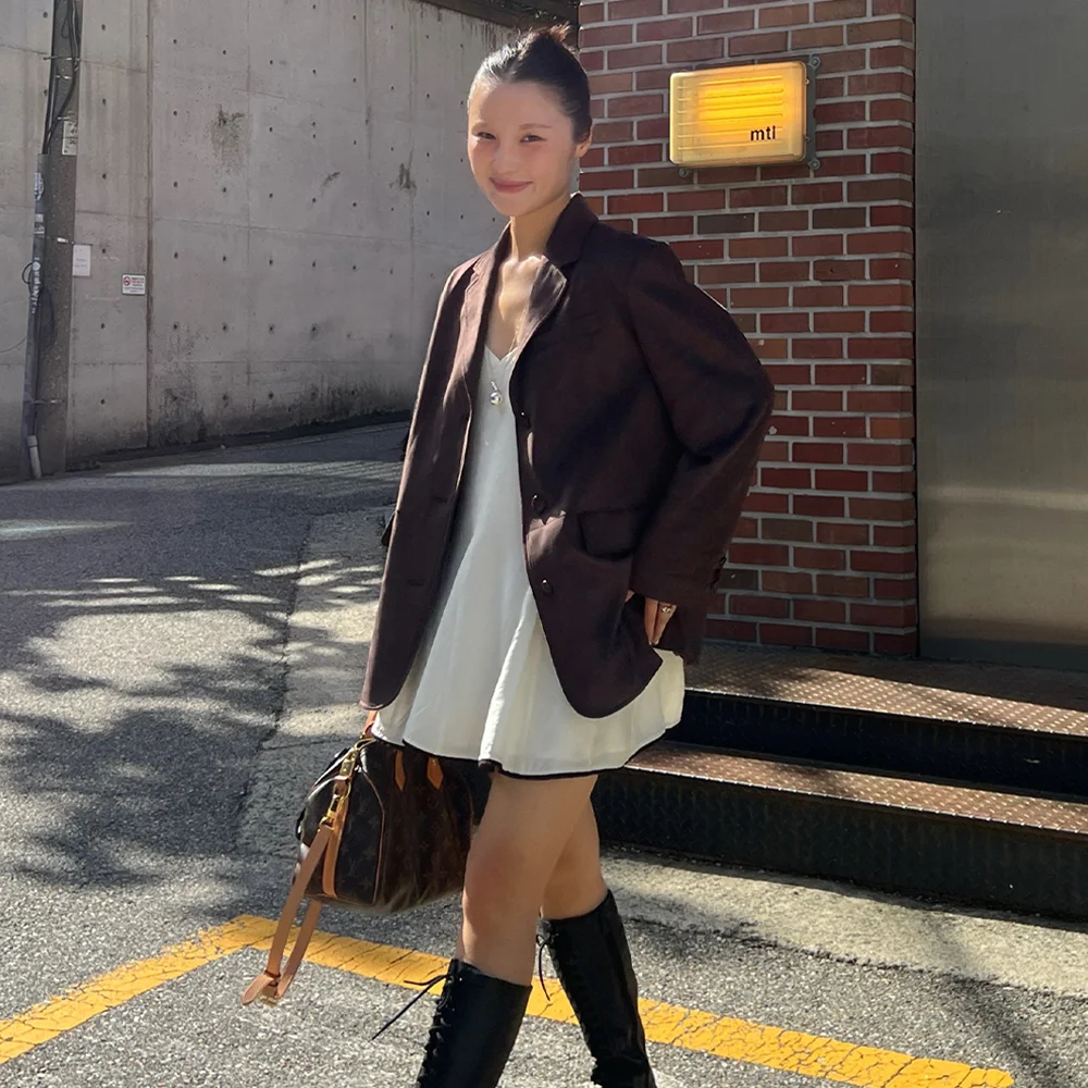 Suede single button jacket _Dark brown