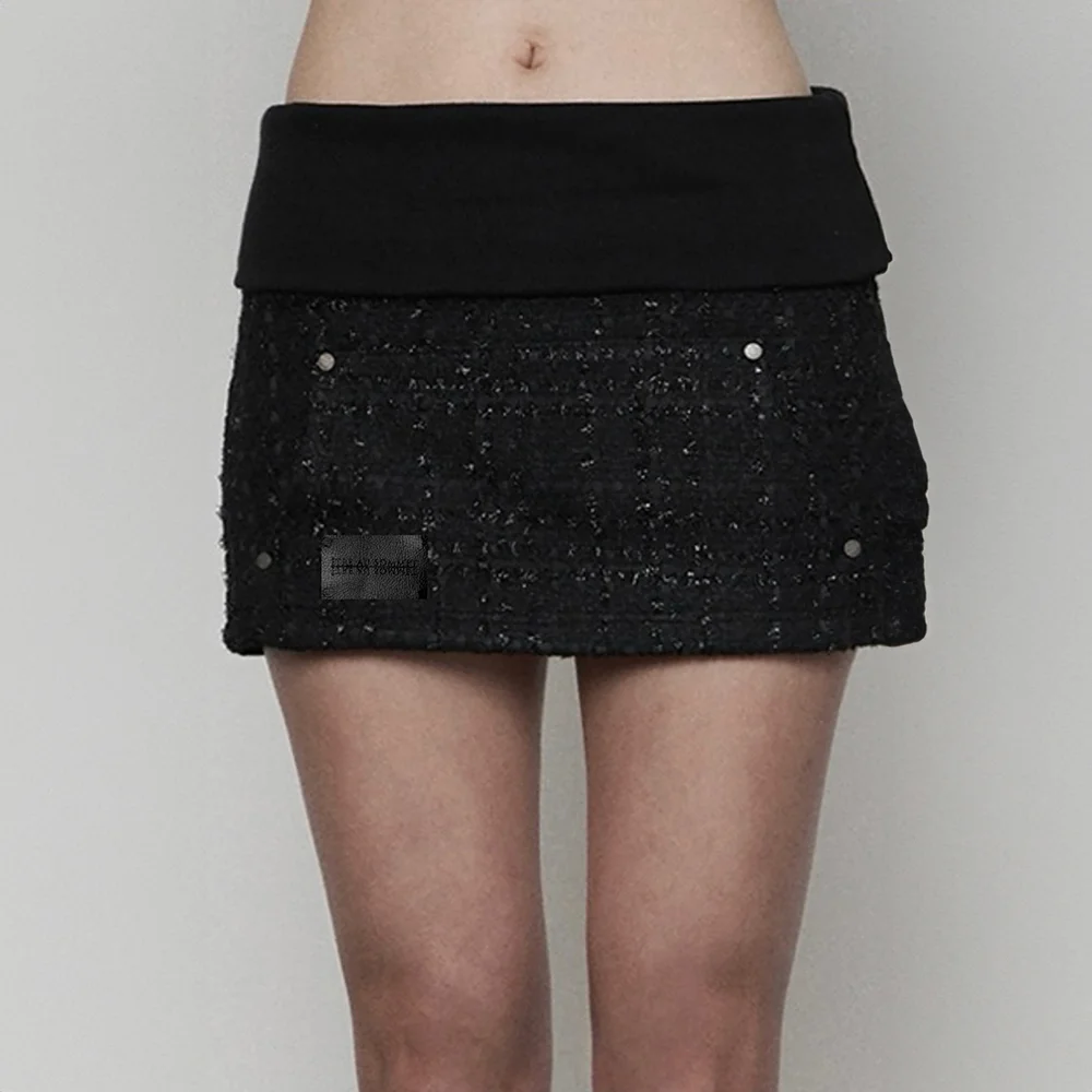 Rib Hoodie Pocket Tweed Skirt ( BLACK )