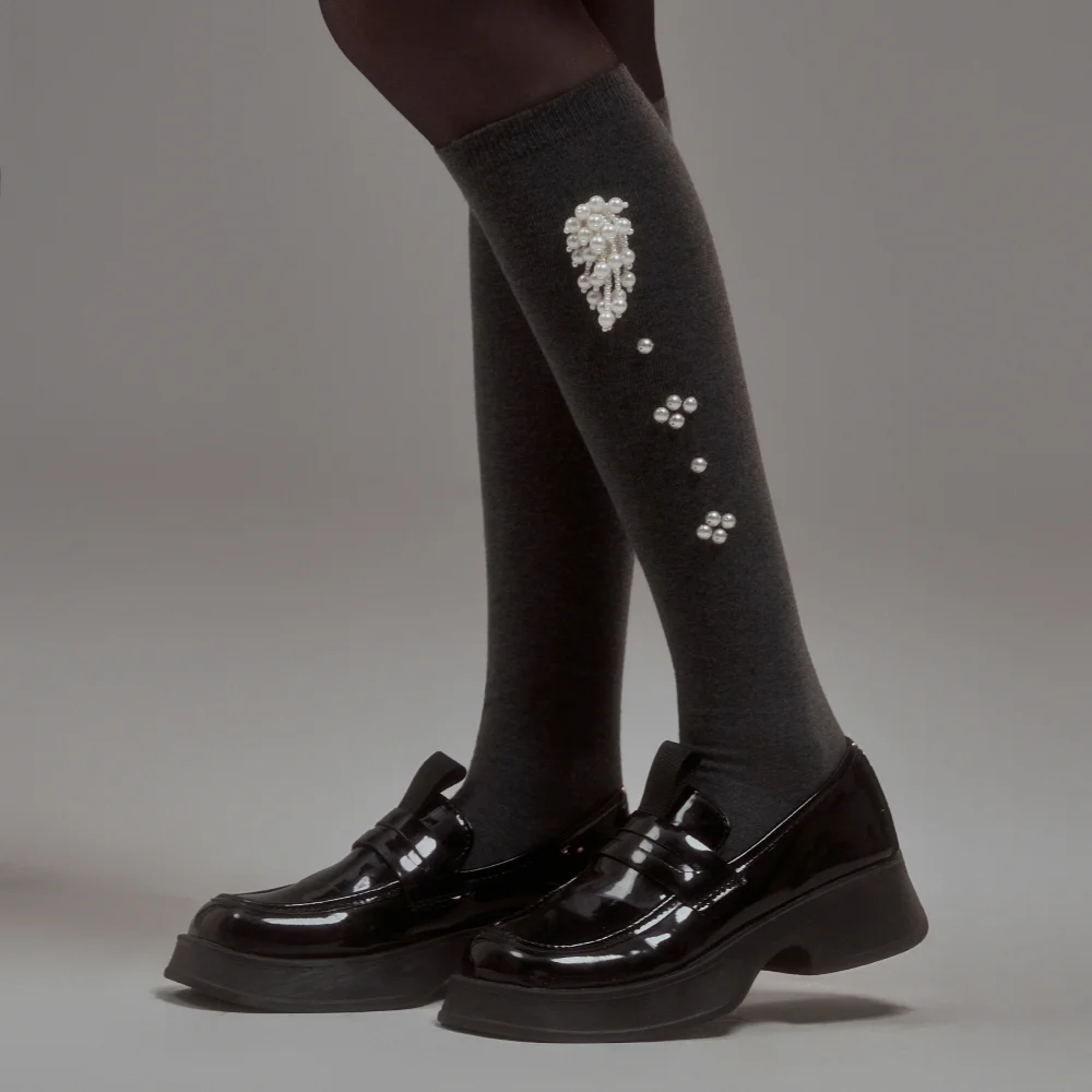 Pearl Knee Socks - Black,Grey