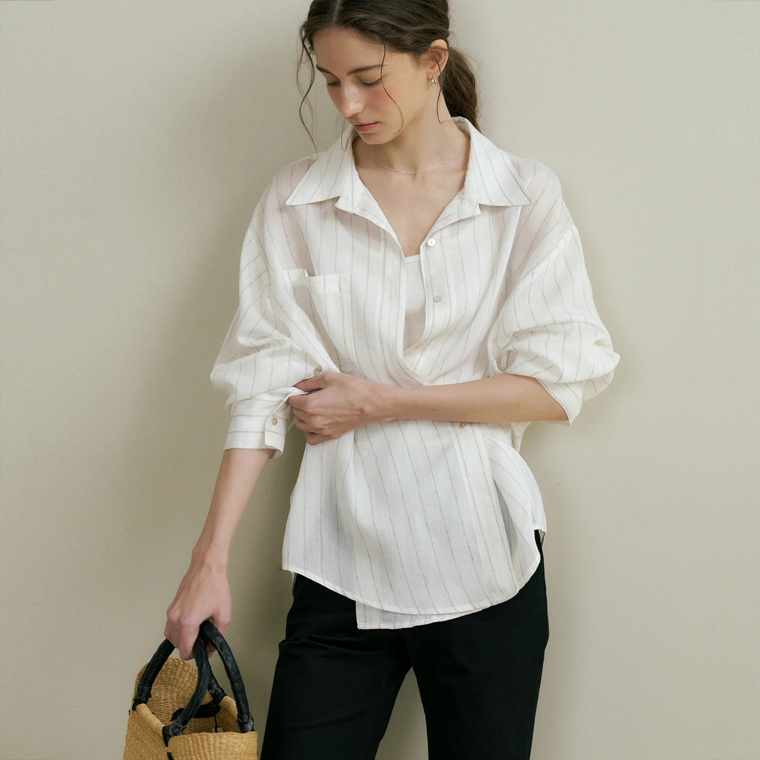 comos 1437 sheer linen stripe wrap shirts (oatmeal)