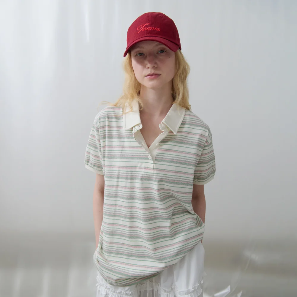 Sand Half-Open Striped Polo Tee (Pink)
