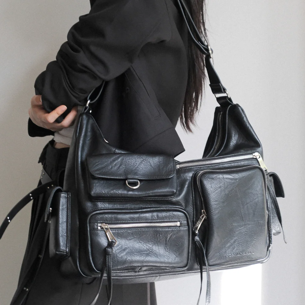Multi Pocket Leather Bag (Black)