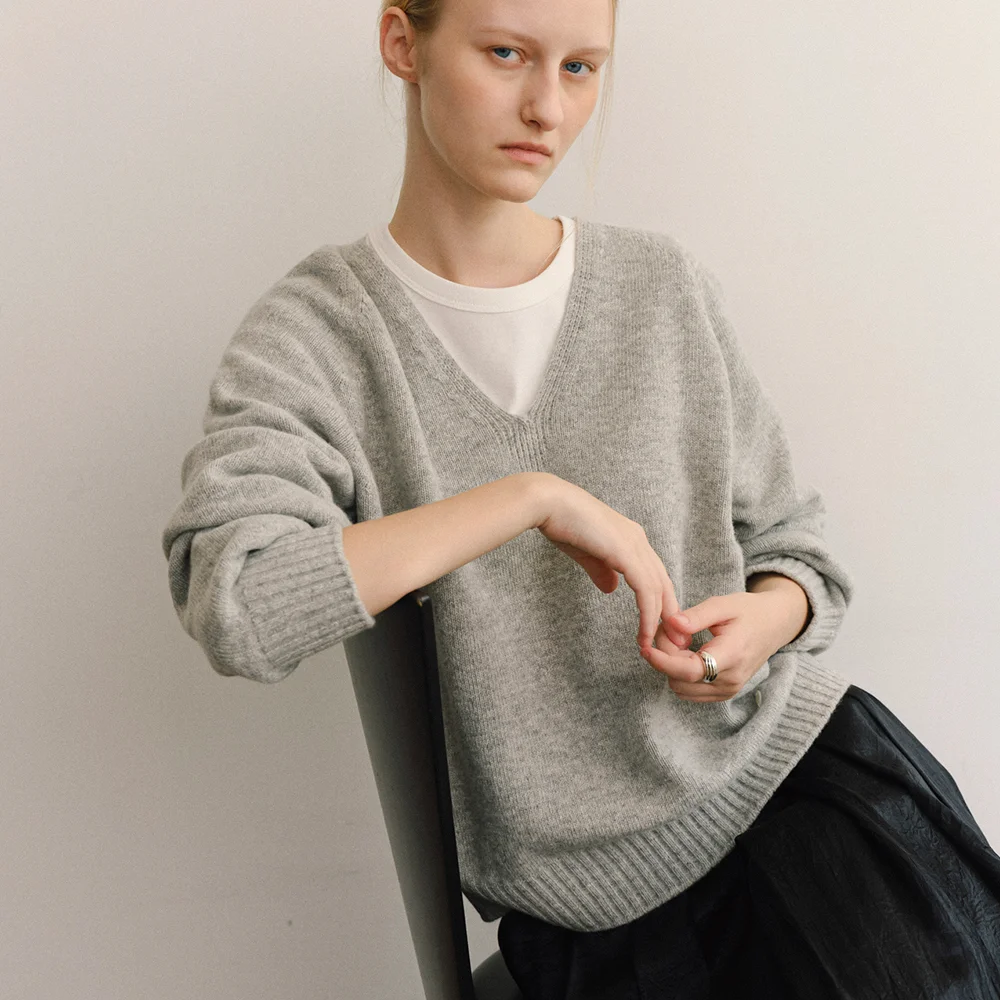 CASH MERINO WOOL V-NECK KNIT_MELANGE GREY