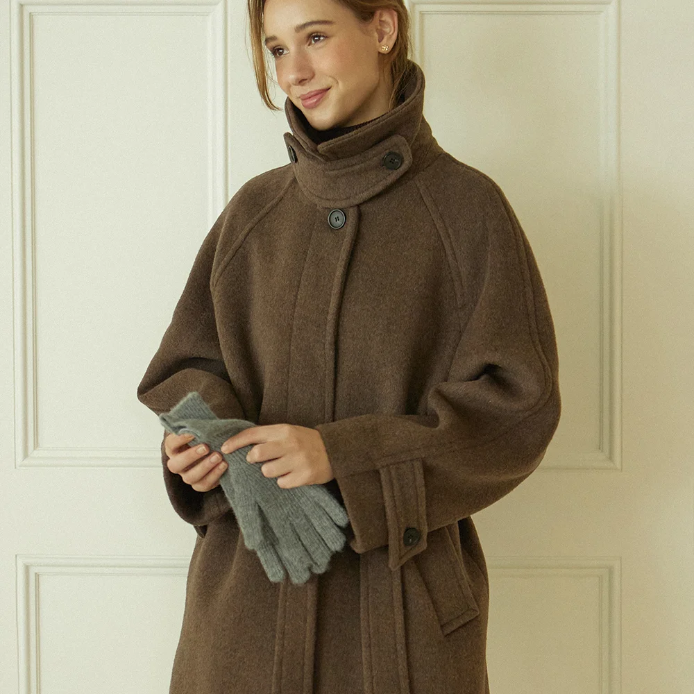 Raglan Belted Wool Half Coat - Brown