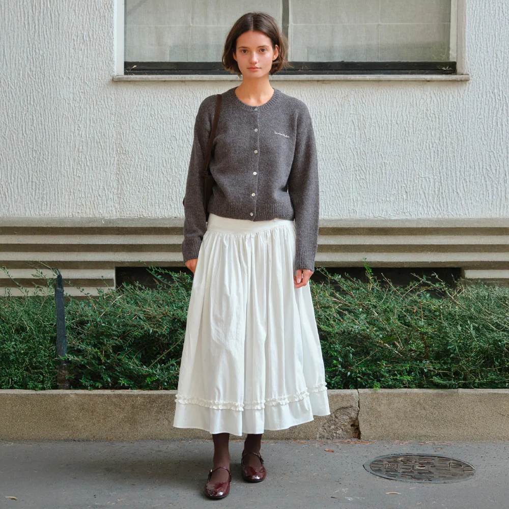 Button Shirring Long Skirt - Ivory