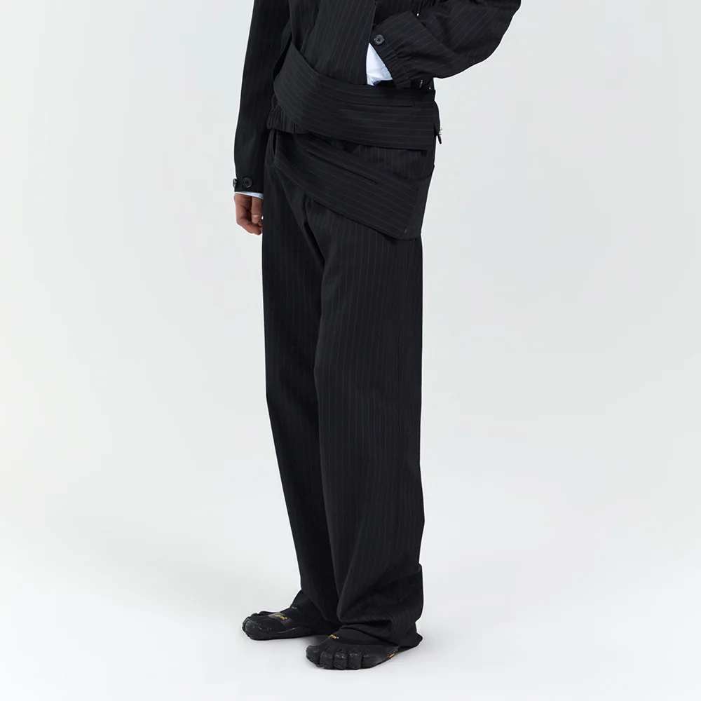 MENS BELTED POCKET TROUSER BLACK (STRIPE)