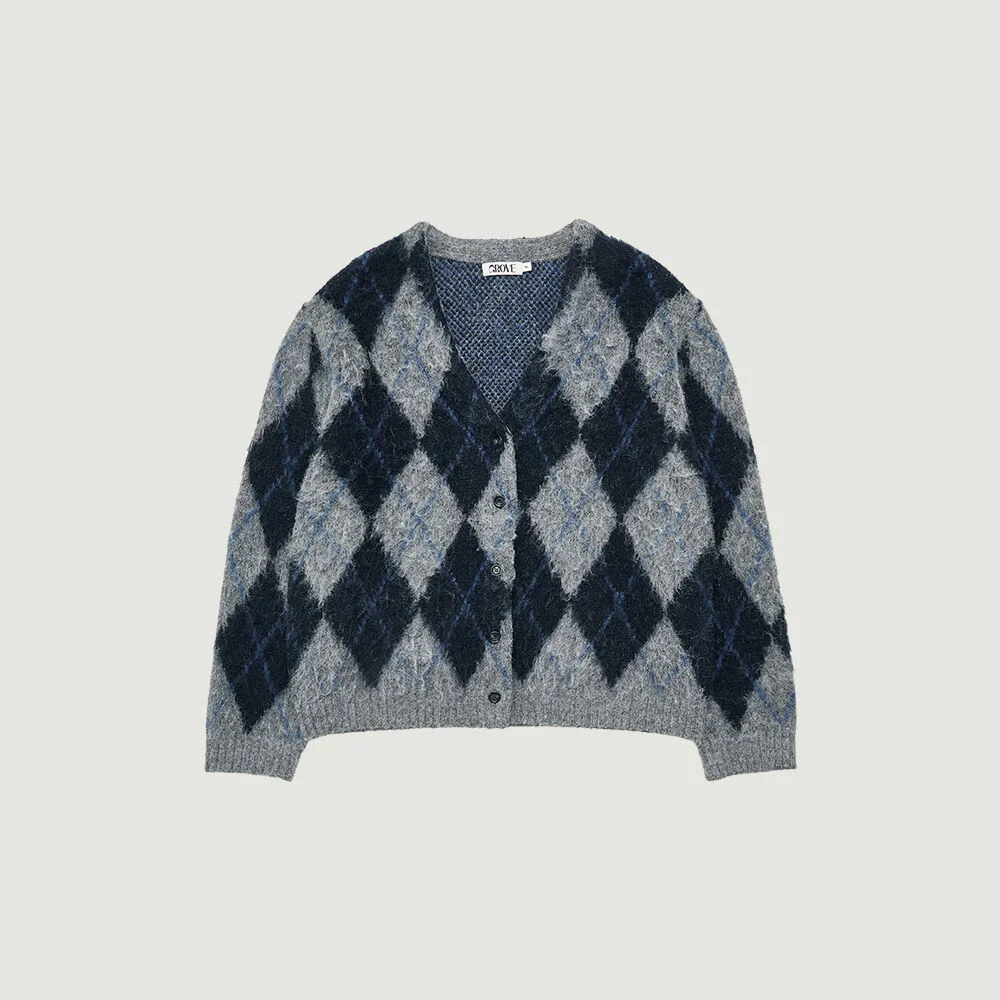 ARIA BRUSHED ARGYLE CARDIGAN (NAVY)