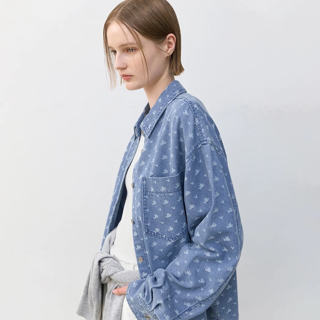 FLOWER FRAYED DENIM SHIRT(BL-4302)