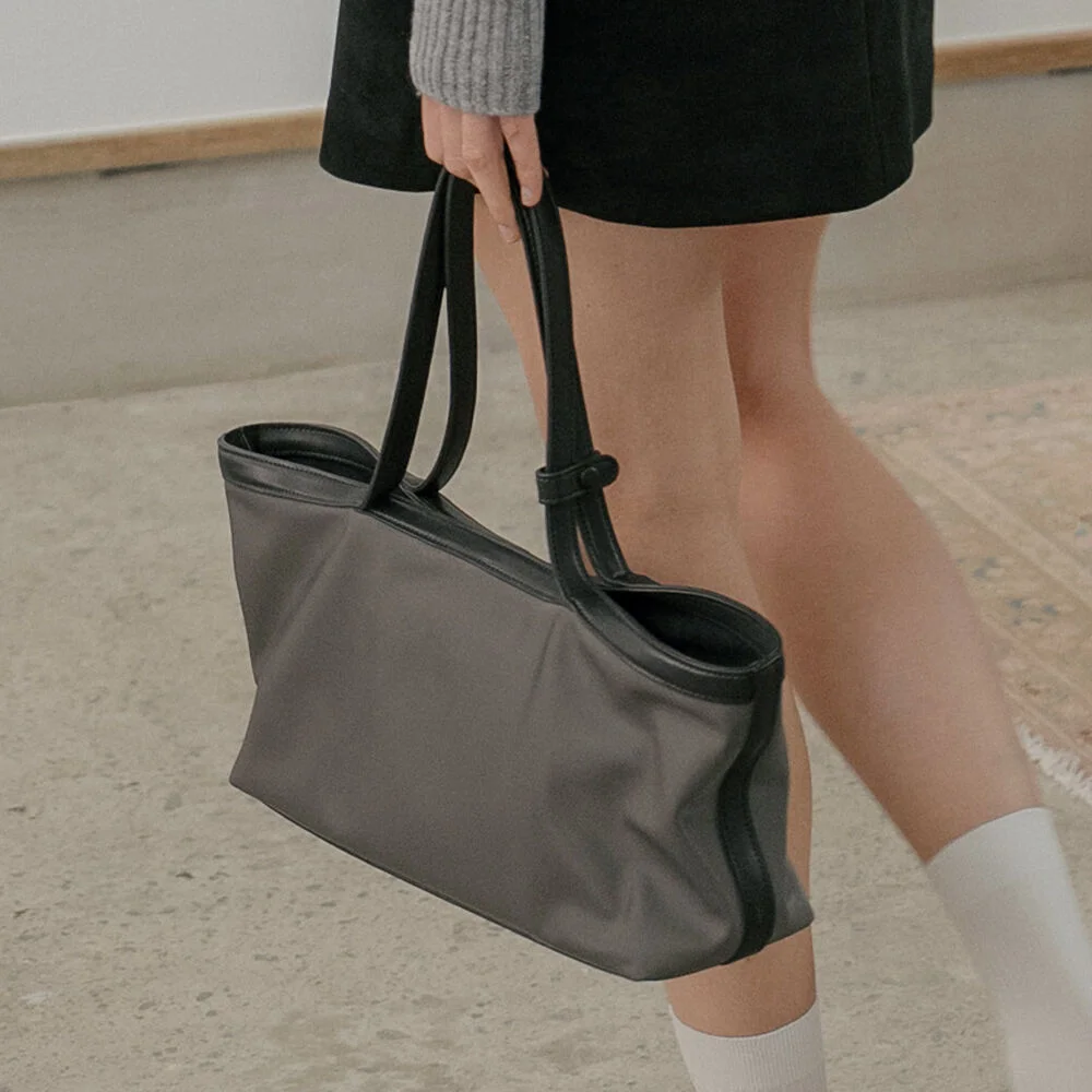 Nylon leather tote Bag _Gray khaki