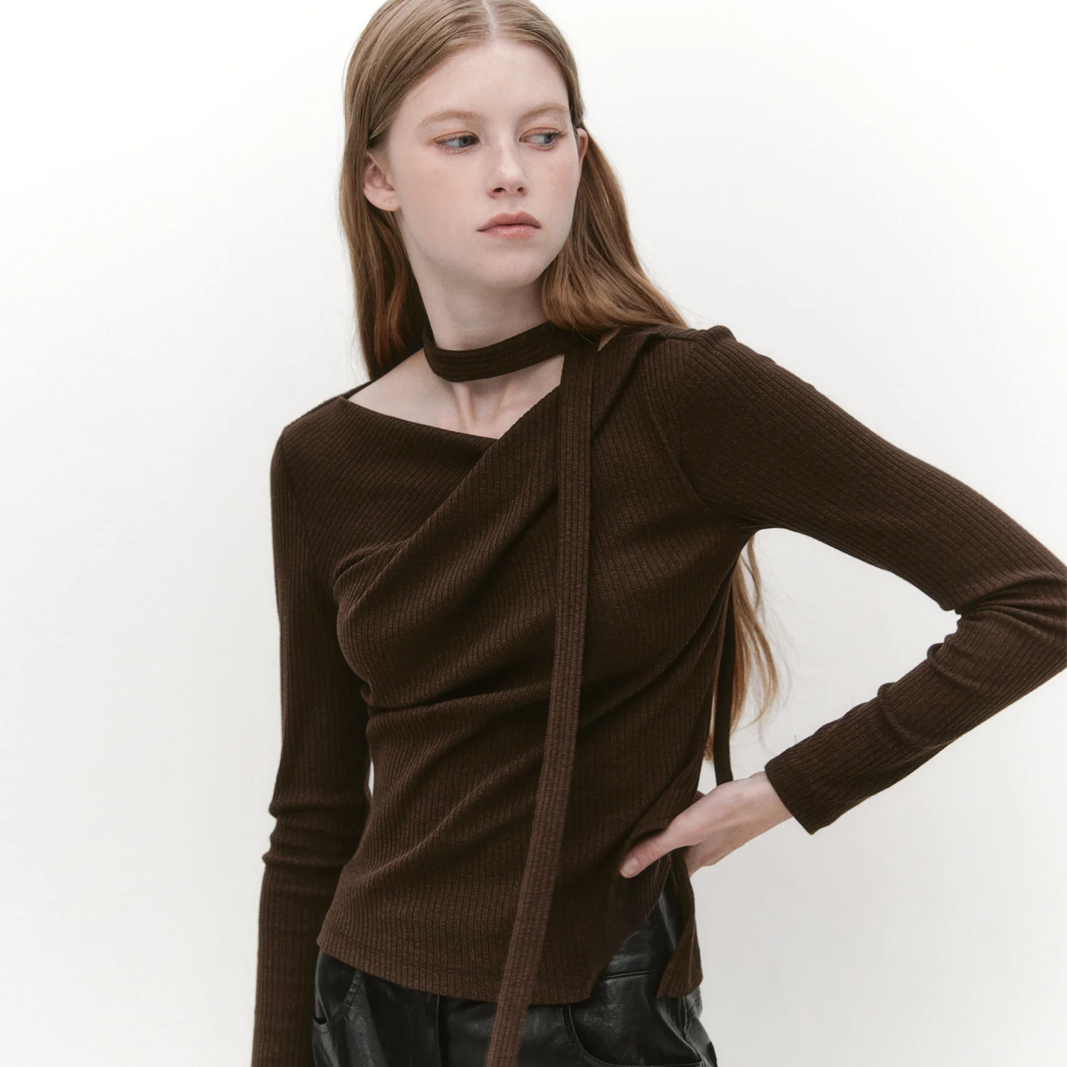 Unbalance Draped Wrap T-blouse BROWN