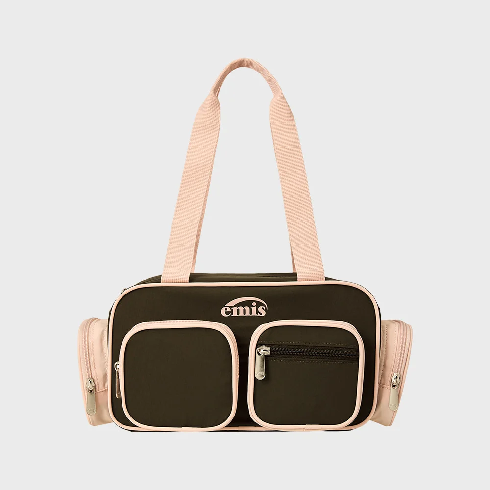 NYLON COLOR-BLOCK SHOULDER BAG-BROWN
