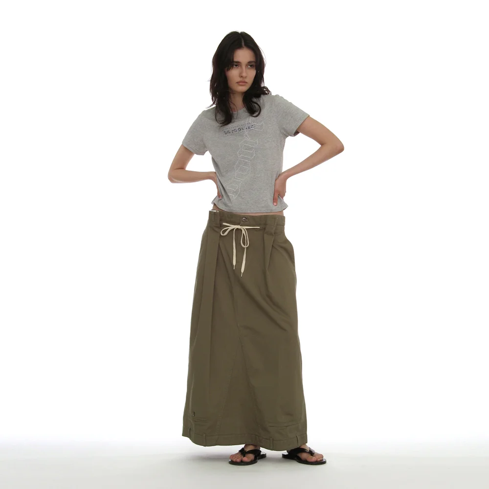 INVERTED DRAWSTRING MAXI SKIRT_KHAKI GREEN