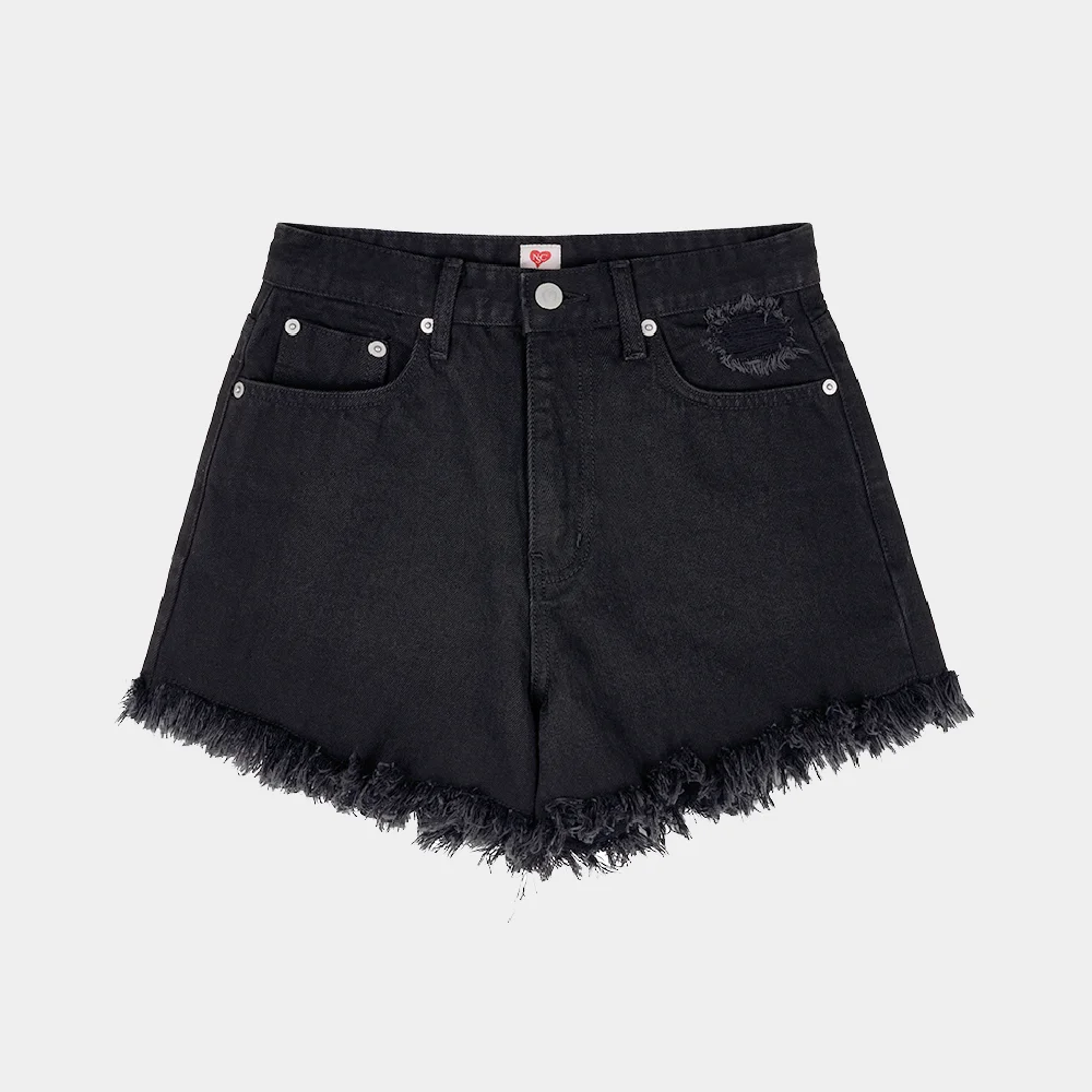 字母印花 牛仔 短褲 (Black)