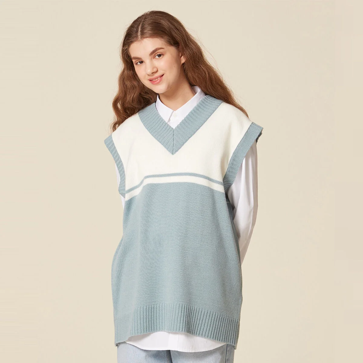 V NECK COLORATION KNIT VEST_SKY BLUE