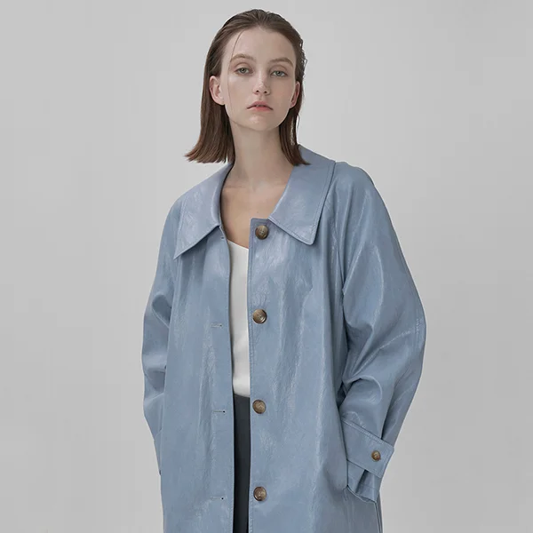 WRINKLE LEATHER SINGLE LONG TRENCH COAT(CT-1418)