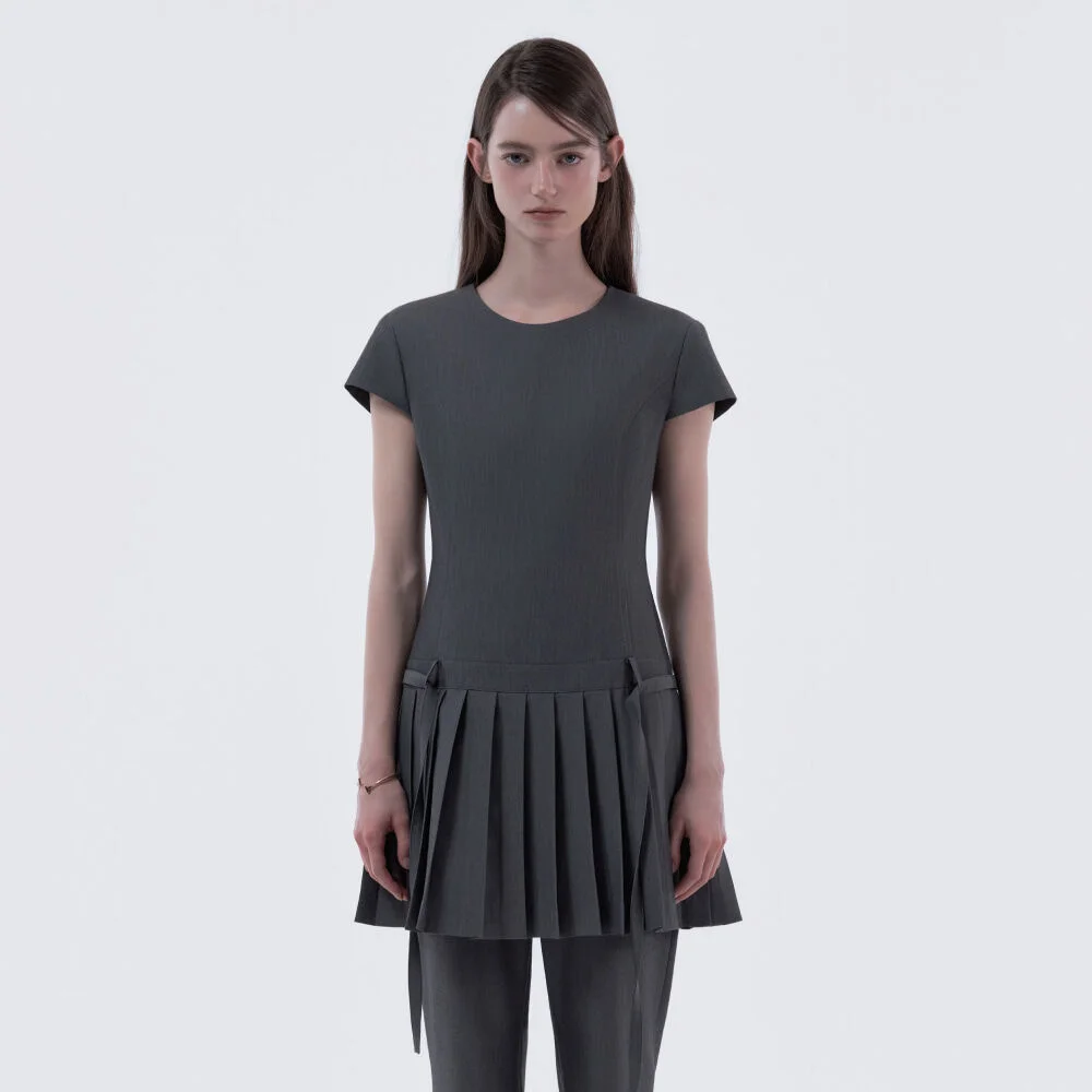 Back Bow Pleated Dress Top - Grey