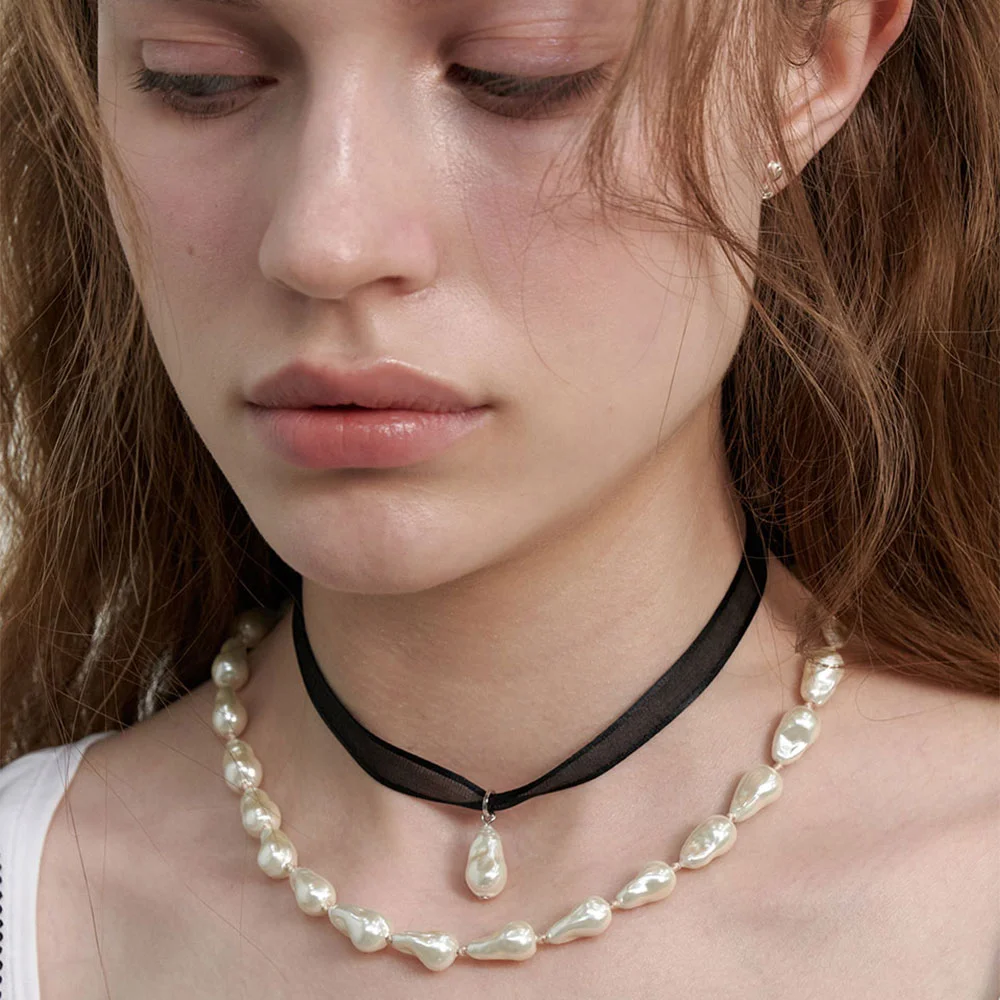 Pearl Charm Sheer Ribbon Choker (L241MNK040)