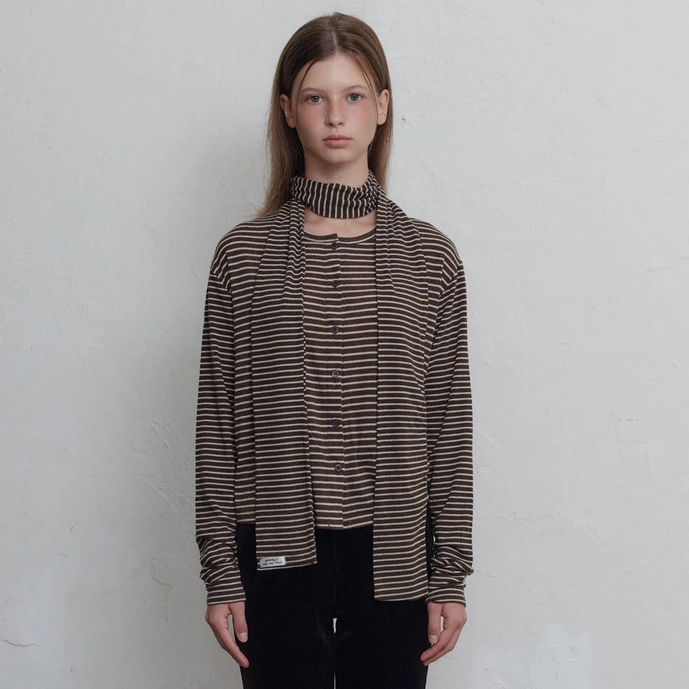 Stripe button long sleeve-muffler SET (Brown)