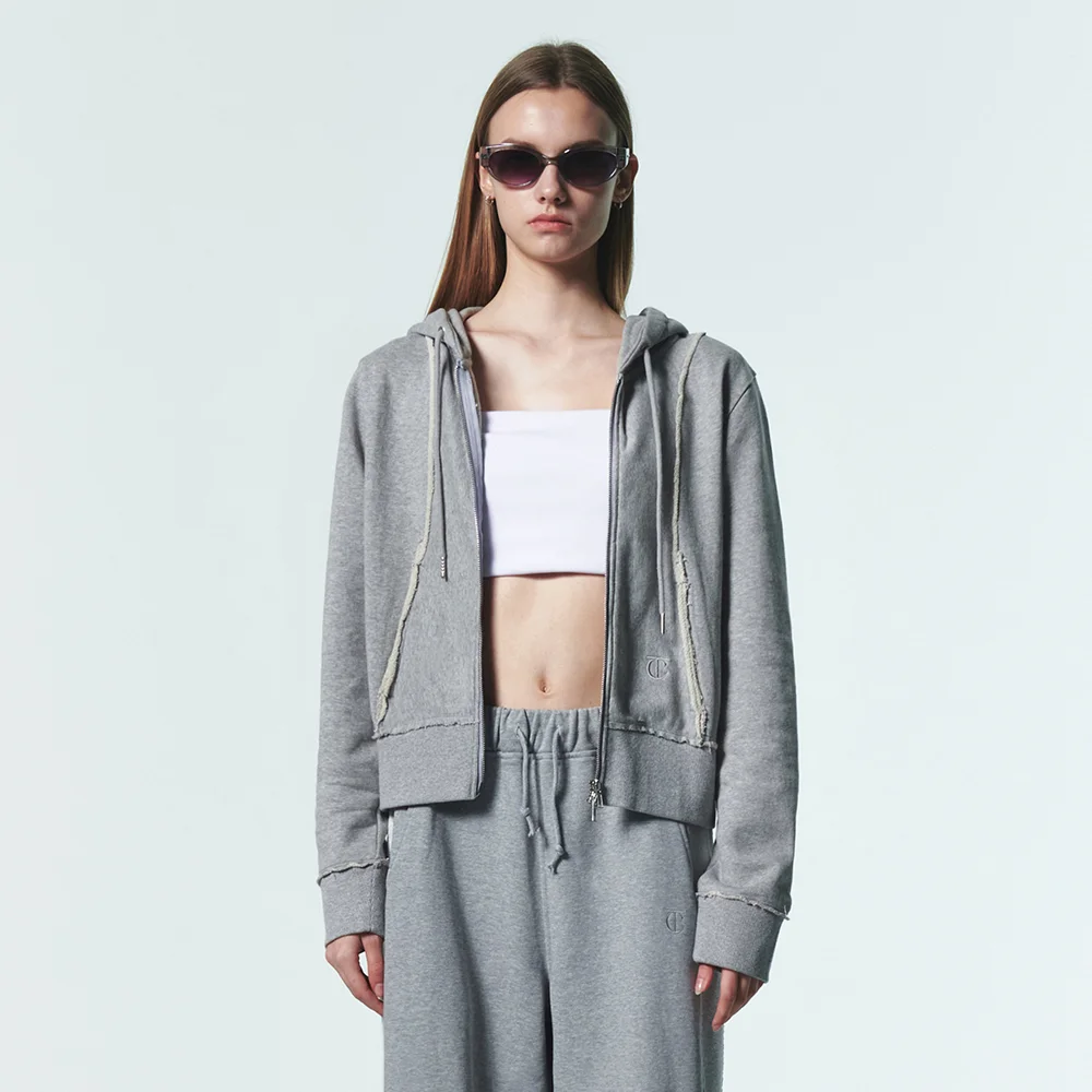 CUT OFF DETAIL HOODED ZIP-UP