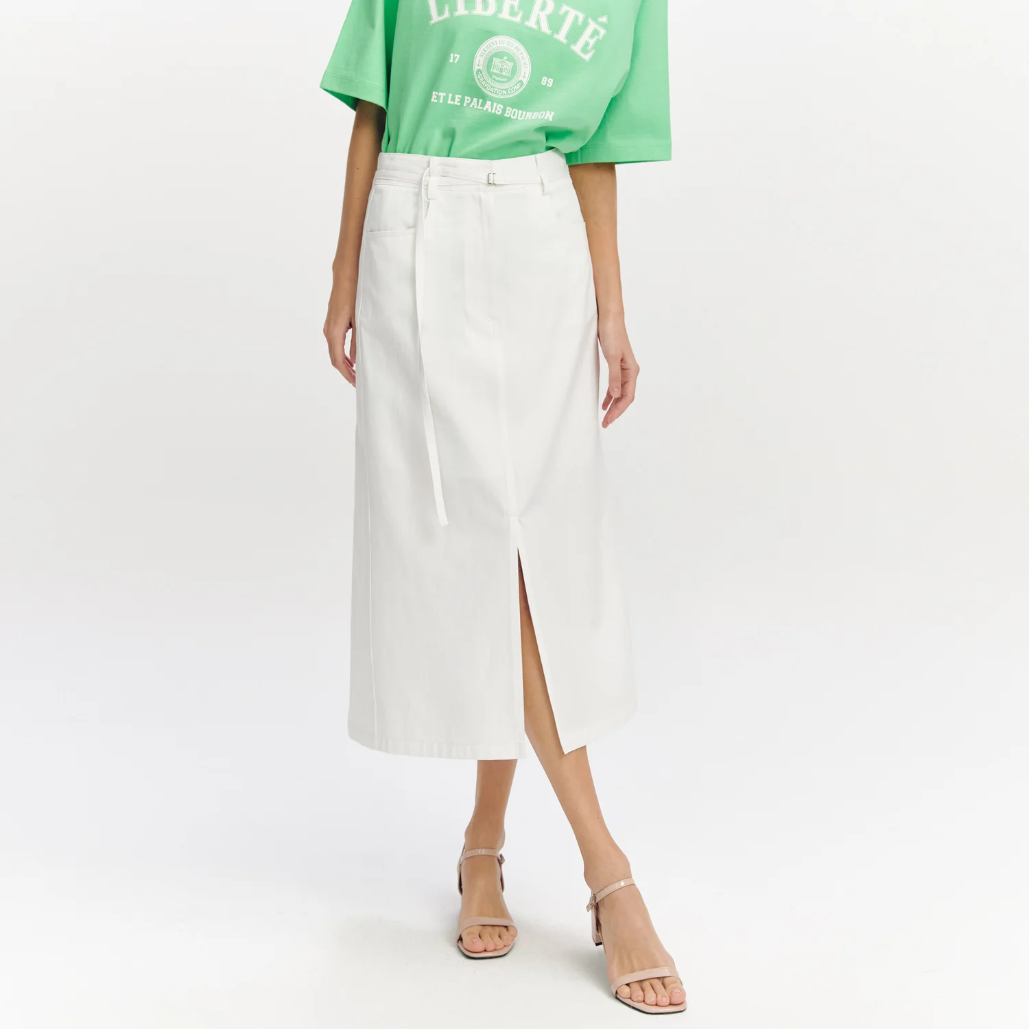 Belted Slit Semi A-line Skirt OFF WHITE
