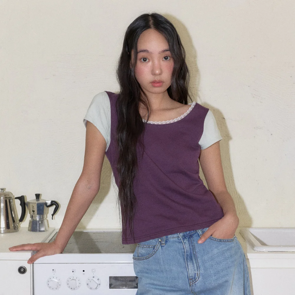 LACE COLOR POINT T-SHIRT (PURPLE)