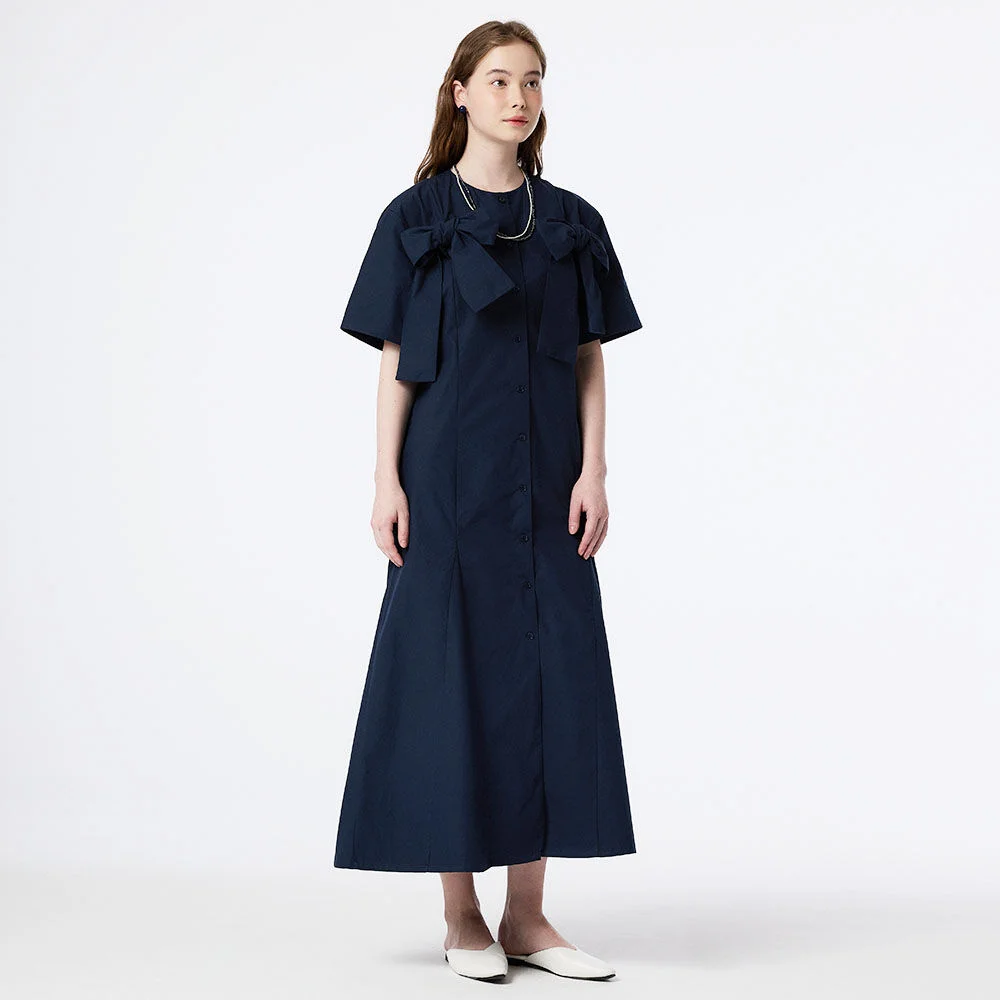 RIBBON POINT GORED FLARE SHIRT DRESS (NAVY)