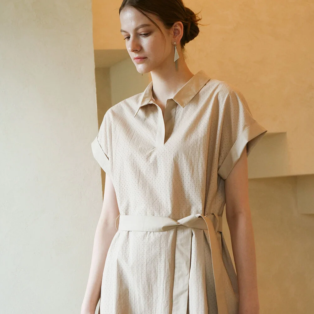 Punching Detail Collar Neck Dress _ Beige