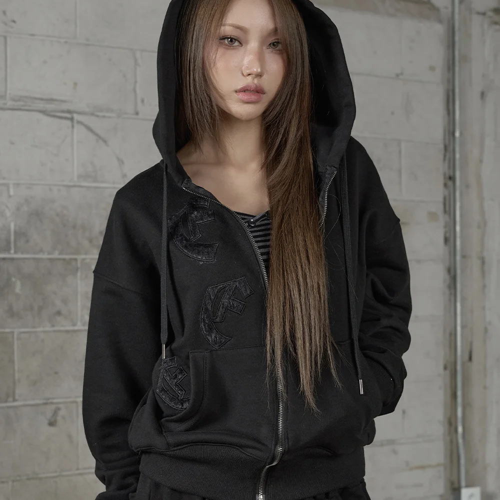 Scattered Logo Hood Zip Up - BLACK