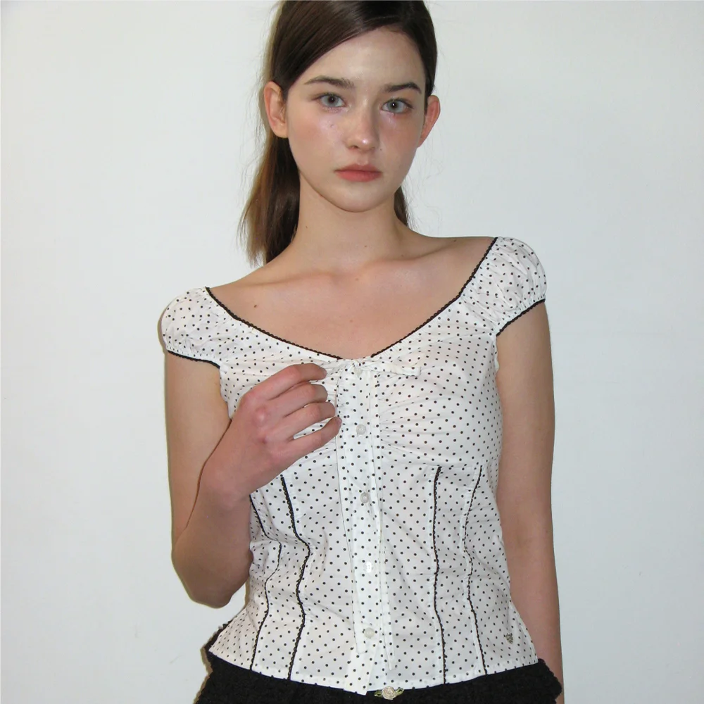 DOT LACE SHIRRING BLOUSE_WHITE