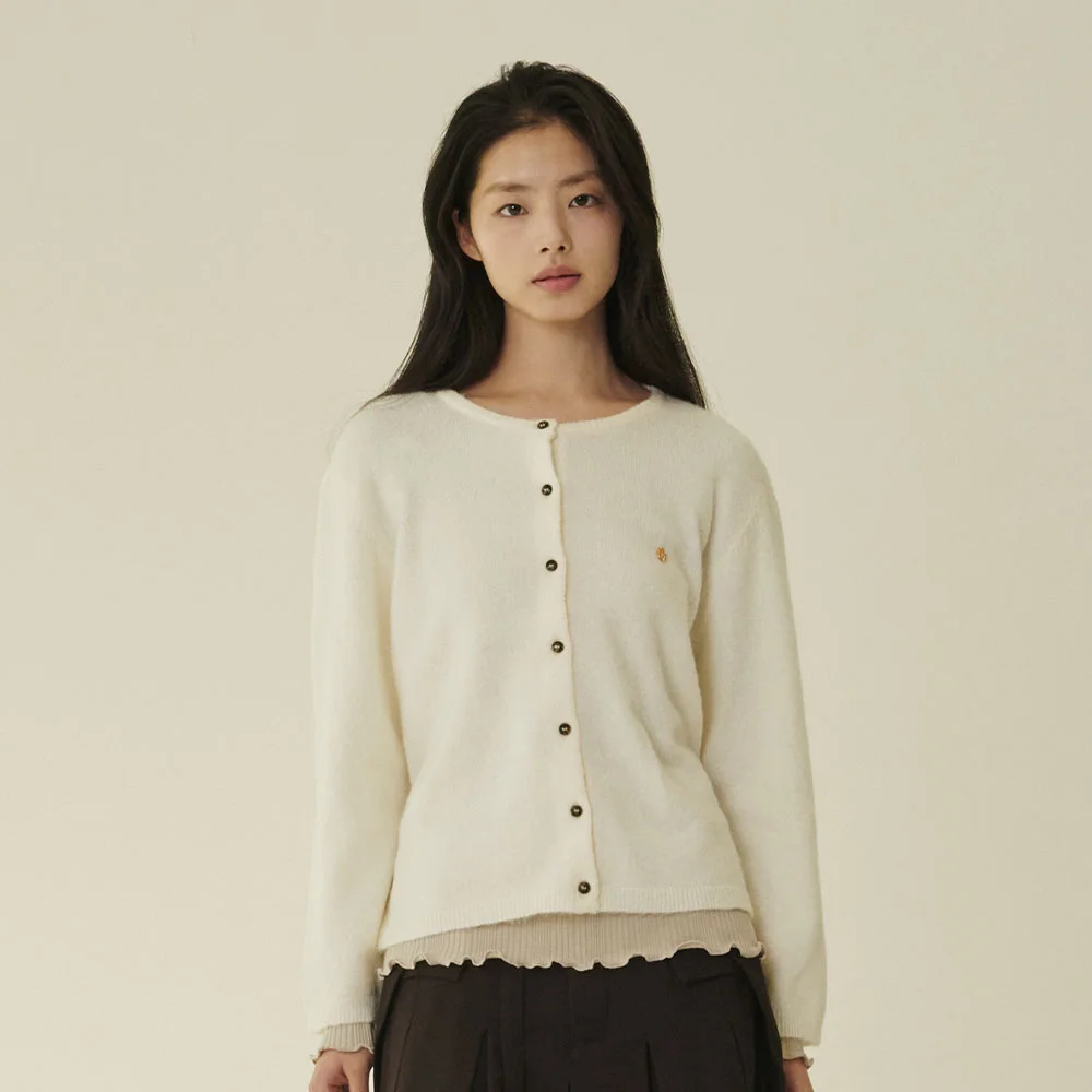 羊毛 圓領 柔軟 開襟外套 - 象牙色/ Wool Round Soft Cardigan - Ivory