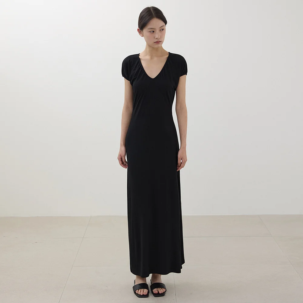居家 抽褶 衣袖 連衣裙_black