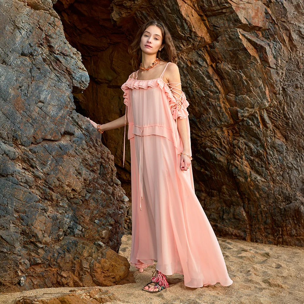 Off-shoulder chiffon dress_Peach cream