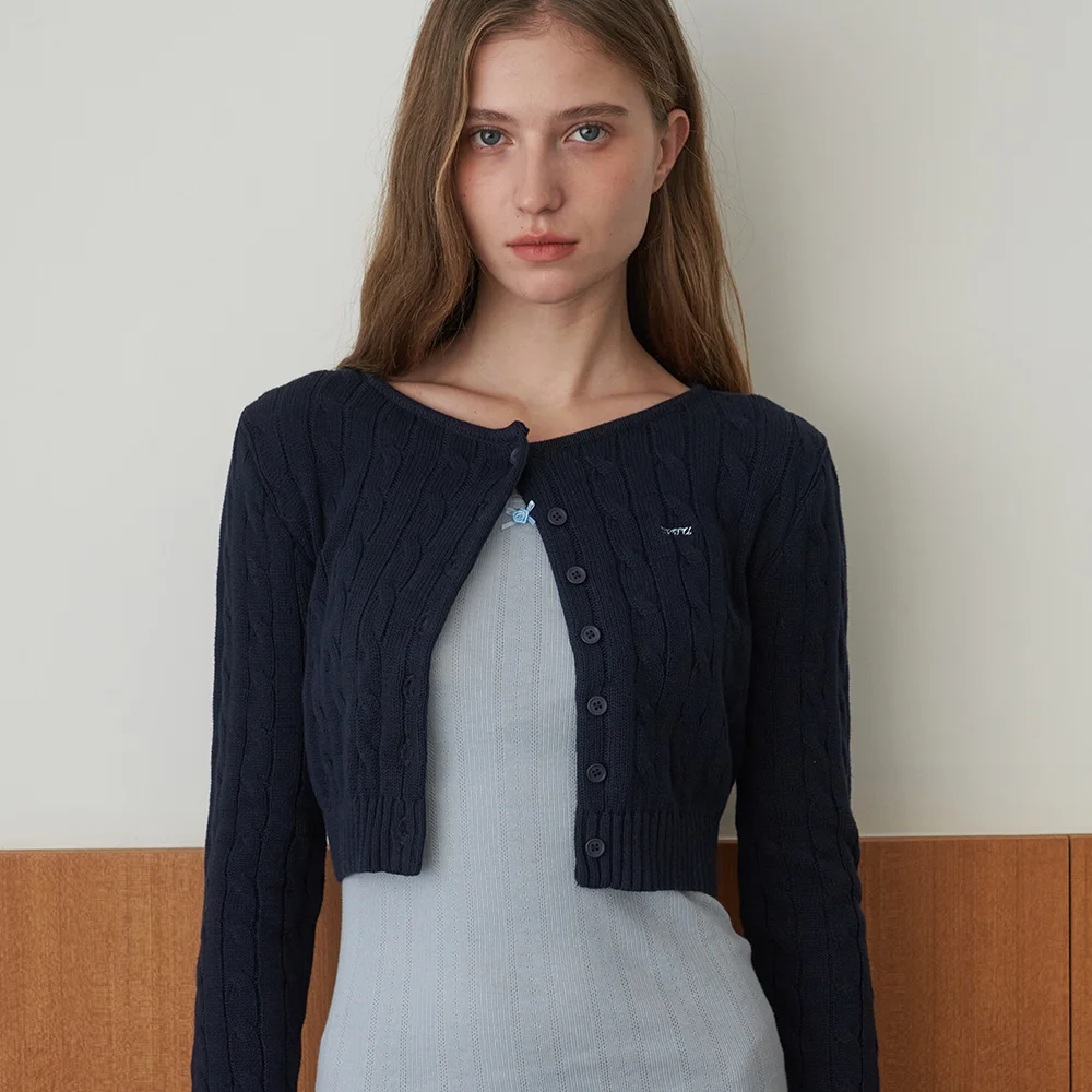 Cable Knit Crop Cardigan - Navy