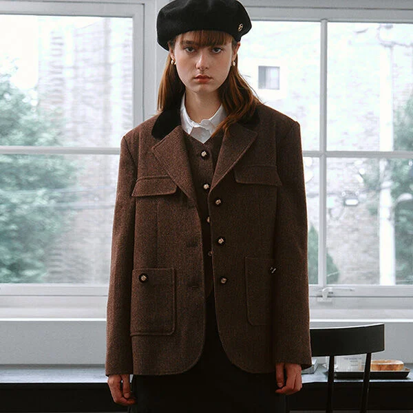 WOOL BLENDED COLLAR JACKET BROWN