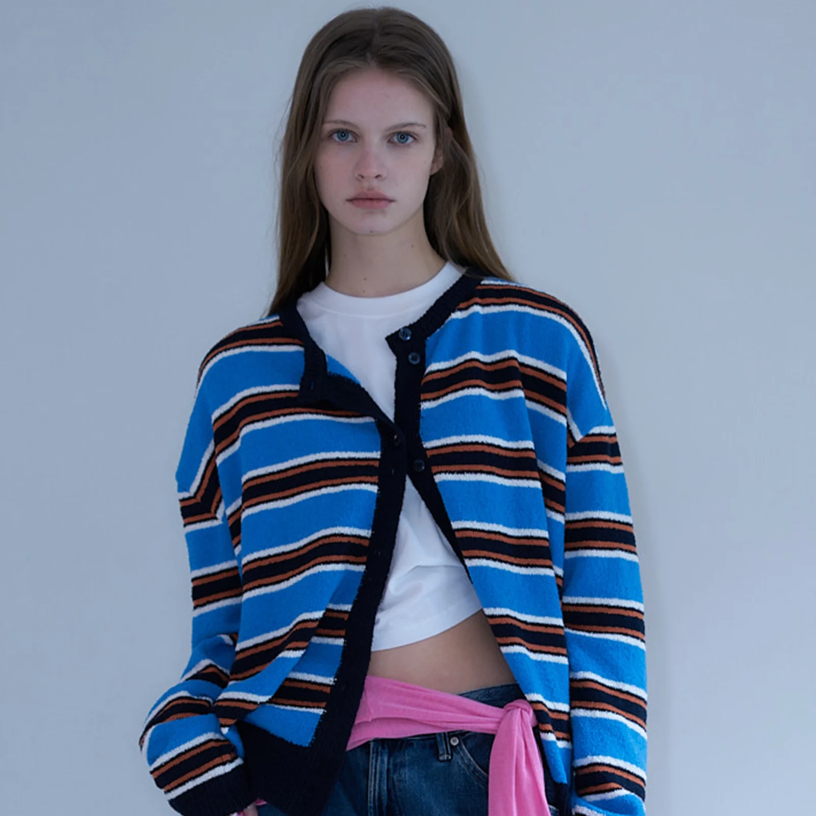 L23 OVERSIZED STRIPE CARDIGAN(NAVY)