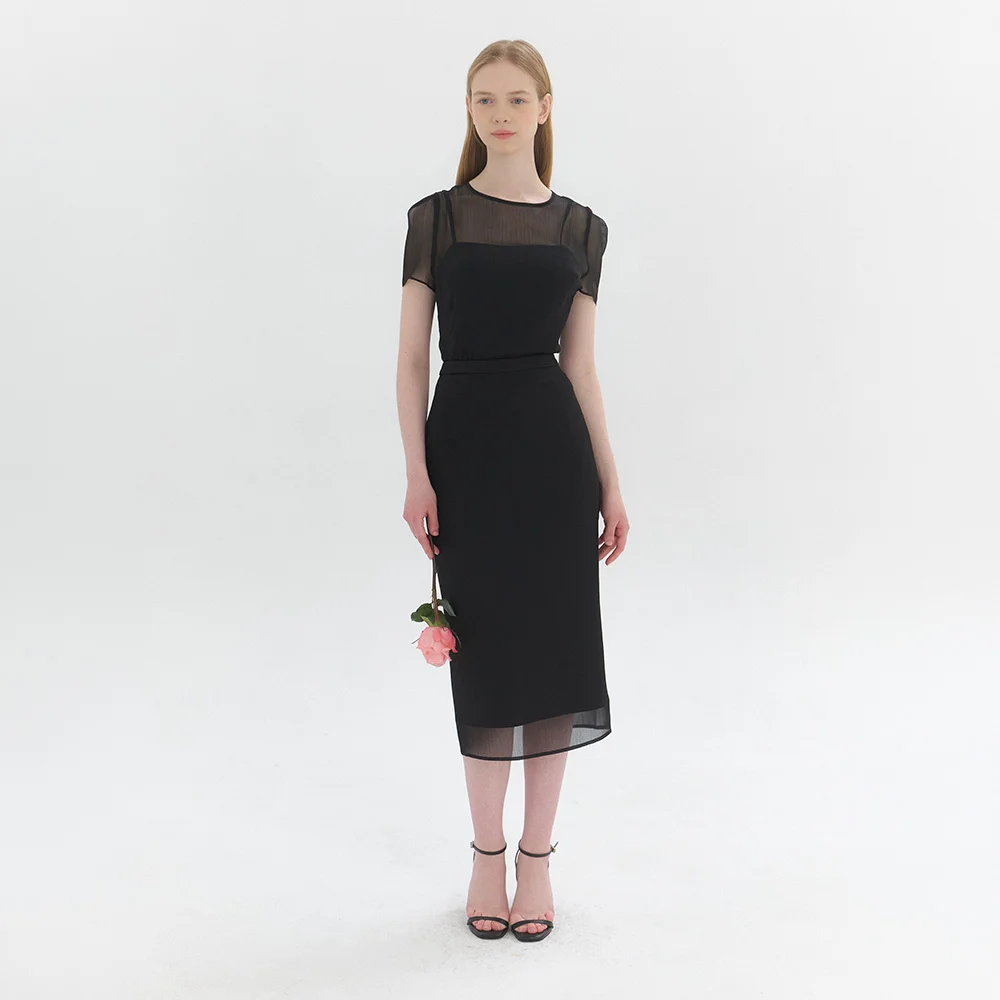 Chiffon Puff Cap-Sleeve Slim Dress / Black(2color)