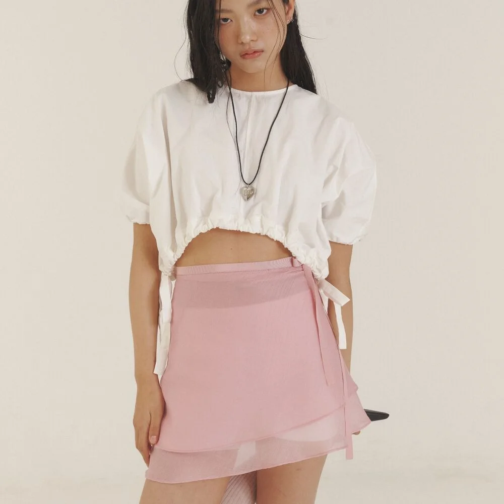 Love Ribbon Sheer Layered Wrap Skirt_PK
