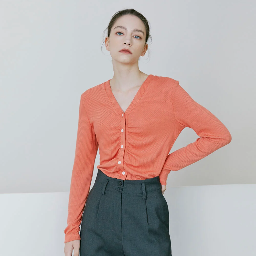 V Neck Shirring cardigan - Orange